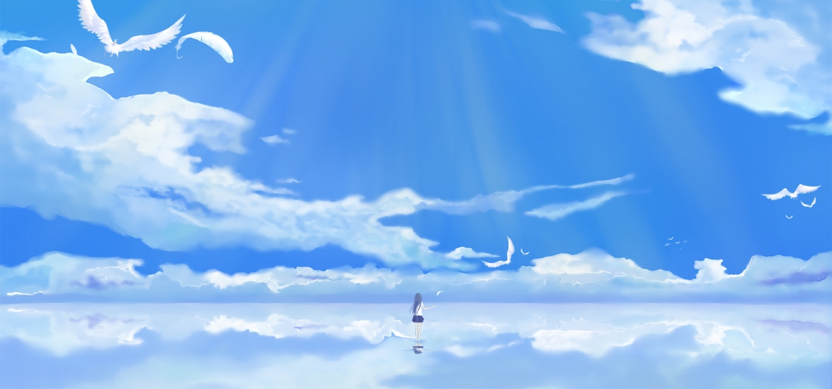 手绘海边小女孩天空插画