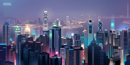 香港城市夜景插画
