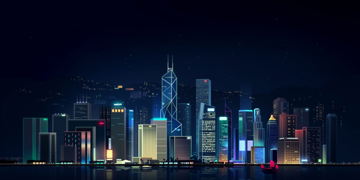 手绘香港城市夜景插画