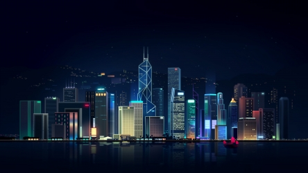 手绘香港城市夜景插画