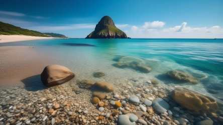 大海滩石头清澈海水风景摄影