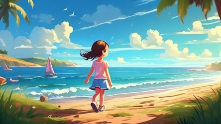 手绘卡通小女孩在海边沙滩插画