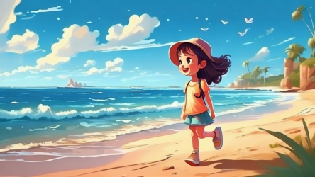 手绘卡通小女孩在海边沙滩插画