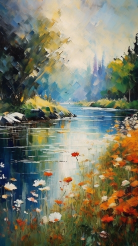 手绘春天小河流风景油画