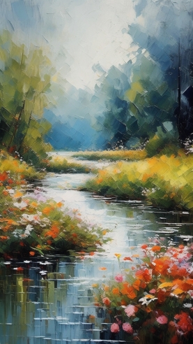 手绘春天小河流风景油画