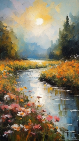 手绘春天小河流风景油画