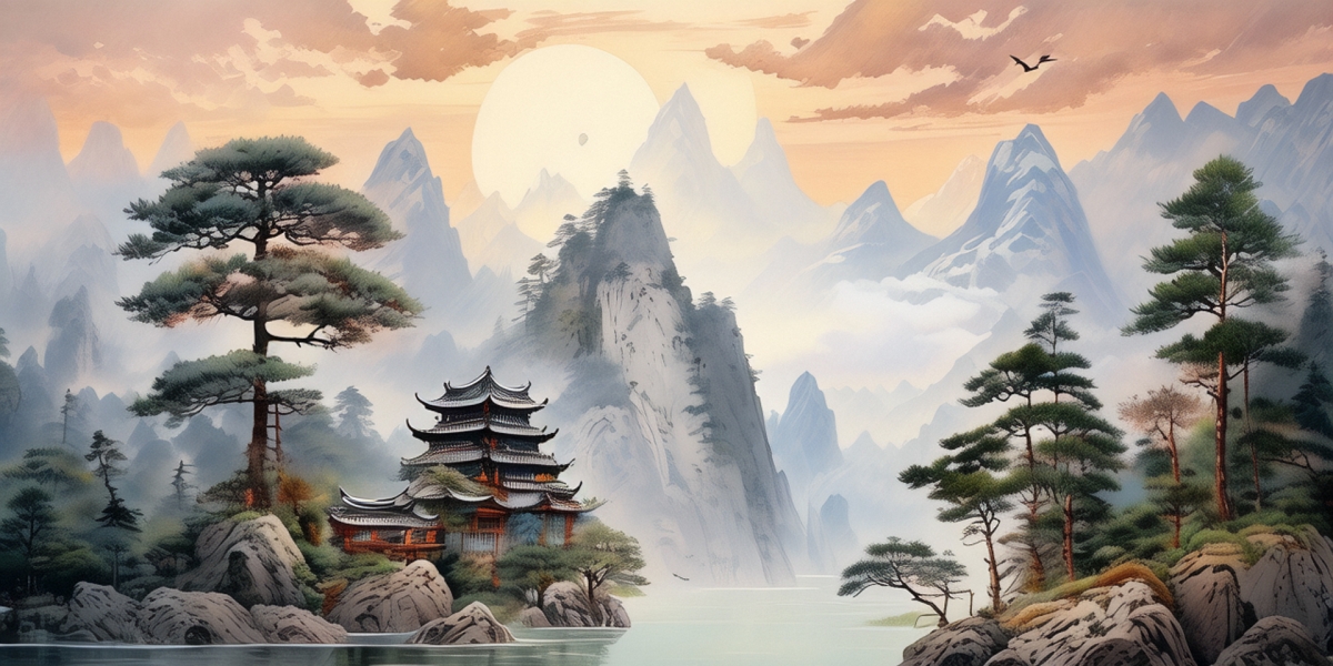 快图网AI创作水彩迎客松风景壁画