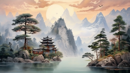 快图网AI创作水彩迎客松风景壁画