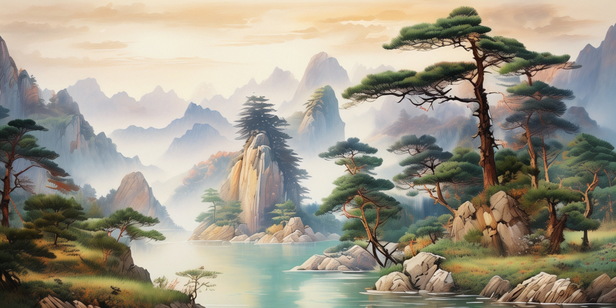 快图网AI创作水彩迎客松风景壁画