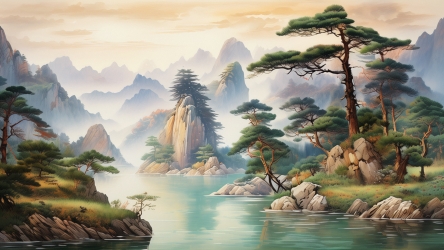快图网AI创作水彩迎客松风景壁画