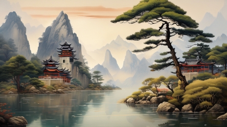 快图网AI创作水彩迎客松风景壁画