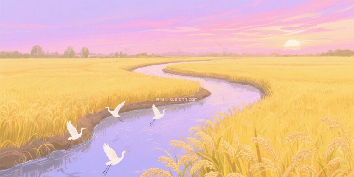 快图网原创秋天湿地农田风景插画