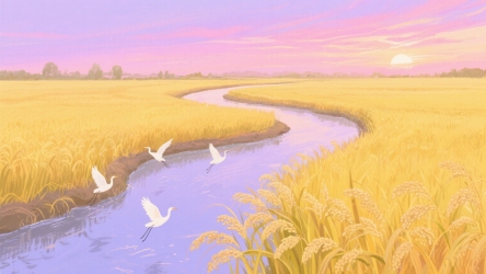 快图网原创秋天湿地农田风景插画
