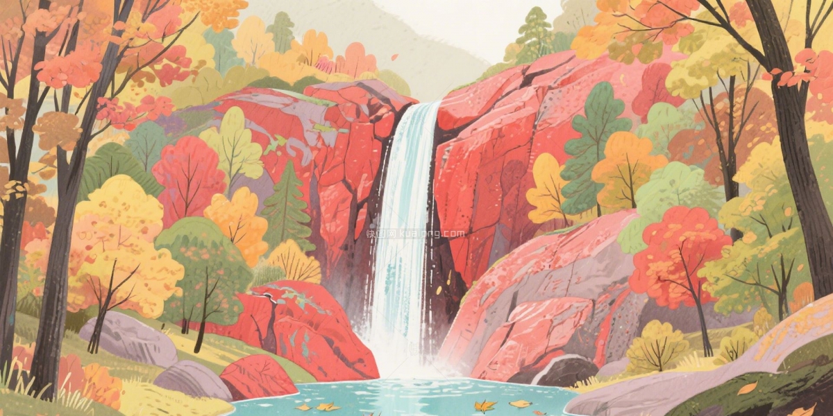 快图网原创秋天山间瀑布风景插画