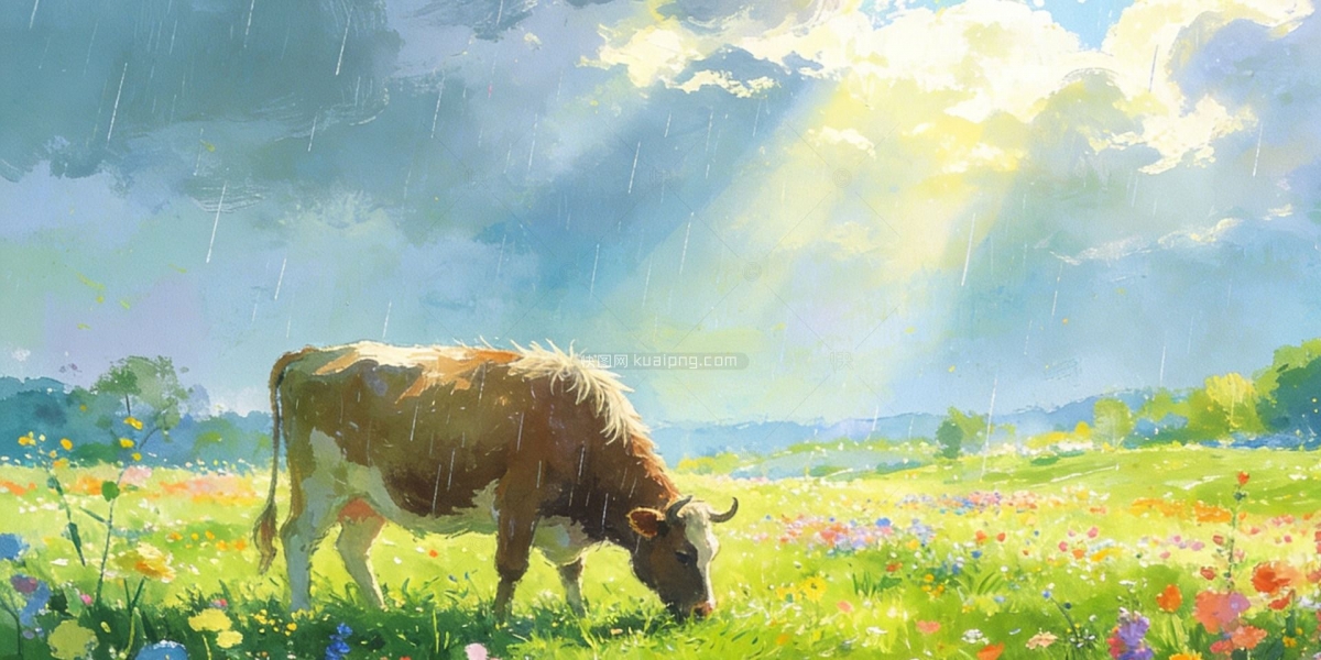 踏青牧牛手绘风景插画