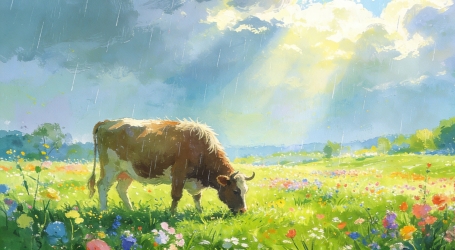 踏青牧牛手绘风景插画