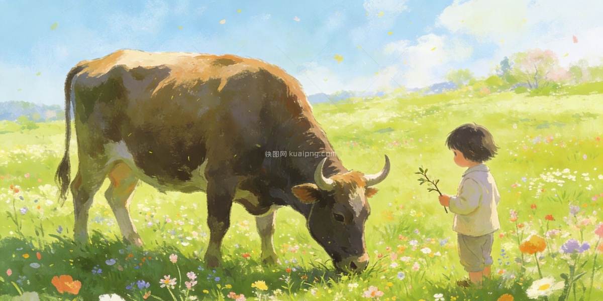 风筝牧春手绘风景插画