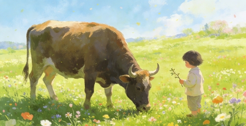 风筝牧春手绘风景插画