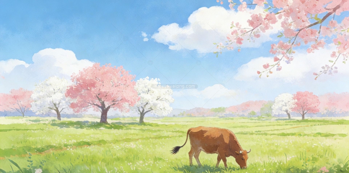 雨牧春行手绘风景插画