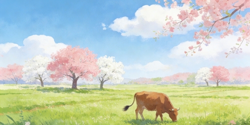 雨牧春行手绘风景插画