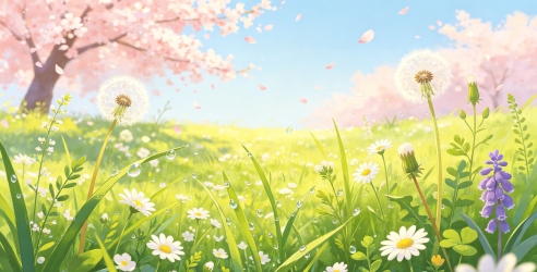 卡通草地绿色春天插画