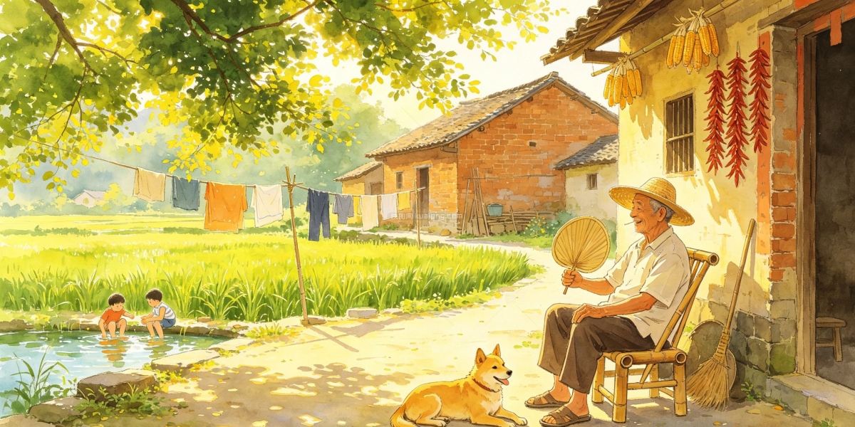 夏天农村风景插画
