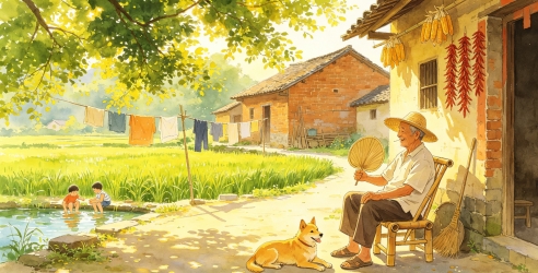 夏天农村风景插画