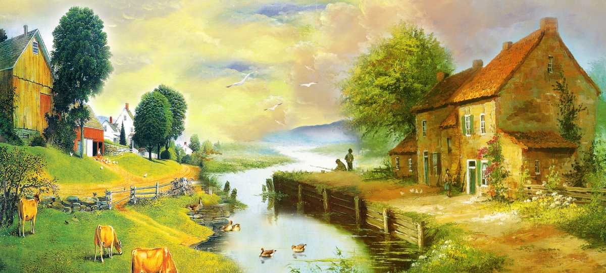 春天小河插画风景