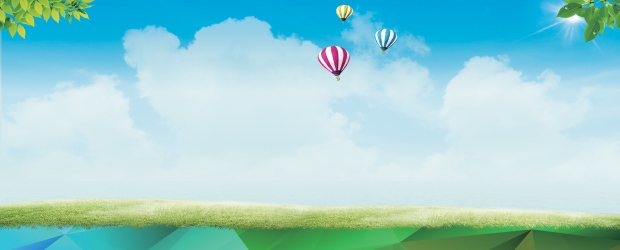 蓝天白云，草地，气球，绿色展板