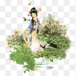 彩色国画美人戏蝶