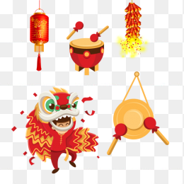 春节素材，灯笼，狮子，鞭炮