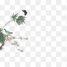 水墨画素材-竹枝,小鸟