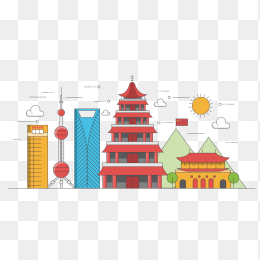 手绘彩色上海城市剪影