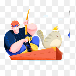 精美手绘男孩钓鱼插画