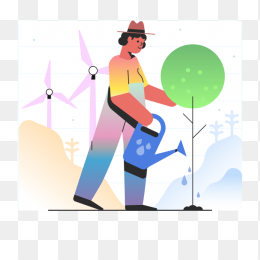 手绘精美创意植树人物插画