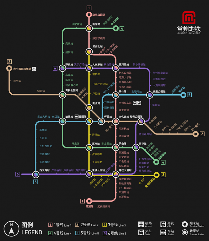 高清黑色常州地铁线路图