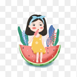 夏天手绘吃冰棒人物插画