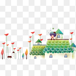 手绘房屋画屋顶小女孩