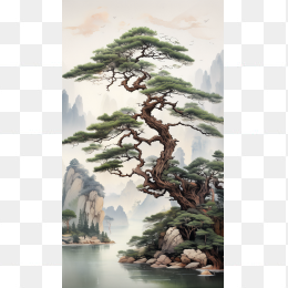 快图网AI创作中国风迎客松风景壁画