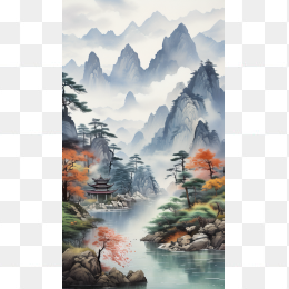 快图网AI创作中国风迎客松风景壁画