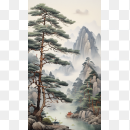 快图网AI创作中国风迎客松风景壁画