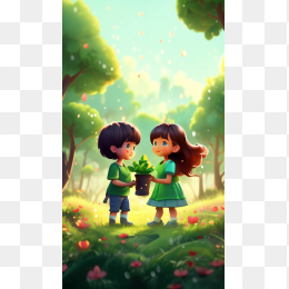 二个小朋友在森林场景