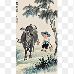 小时候放牛中国风水墨画