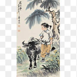 小时候放牛中国风水墨画