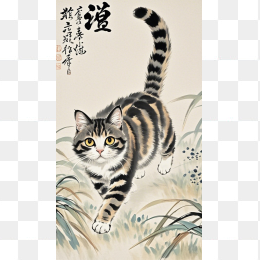 一只大猫中国风绘画
