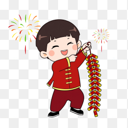 手绘卡通小孩放鞭炮
