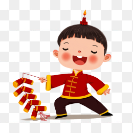手绘卡通小孩放鞭炮