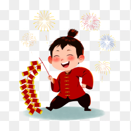 手绘卡通小孩放鞭炮