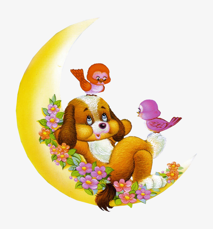月亮狗小鸟花免抠图卡通素材