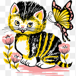 手绘猫咪蝴蝶花朵